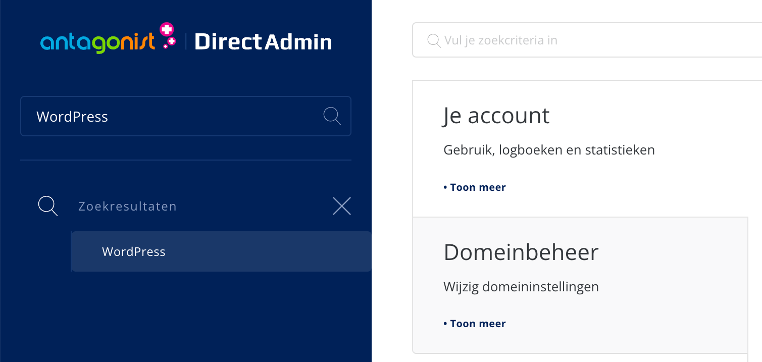 Zoekveld in het menu van DirectAdmin