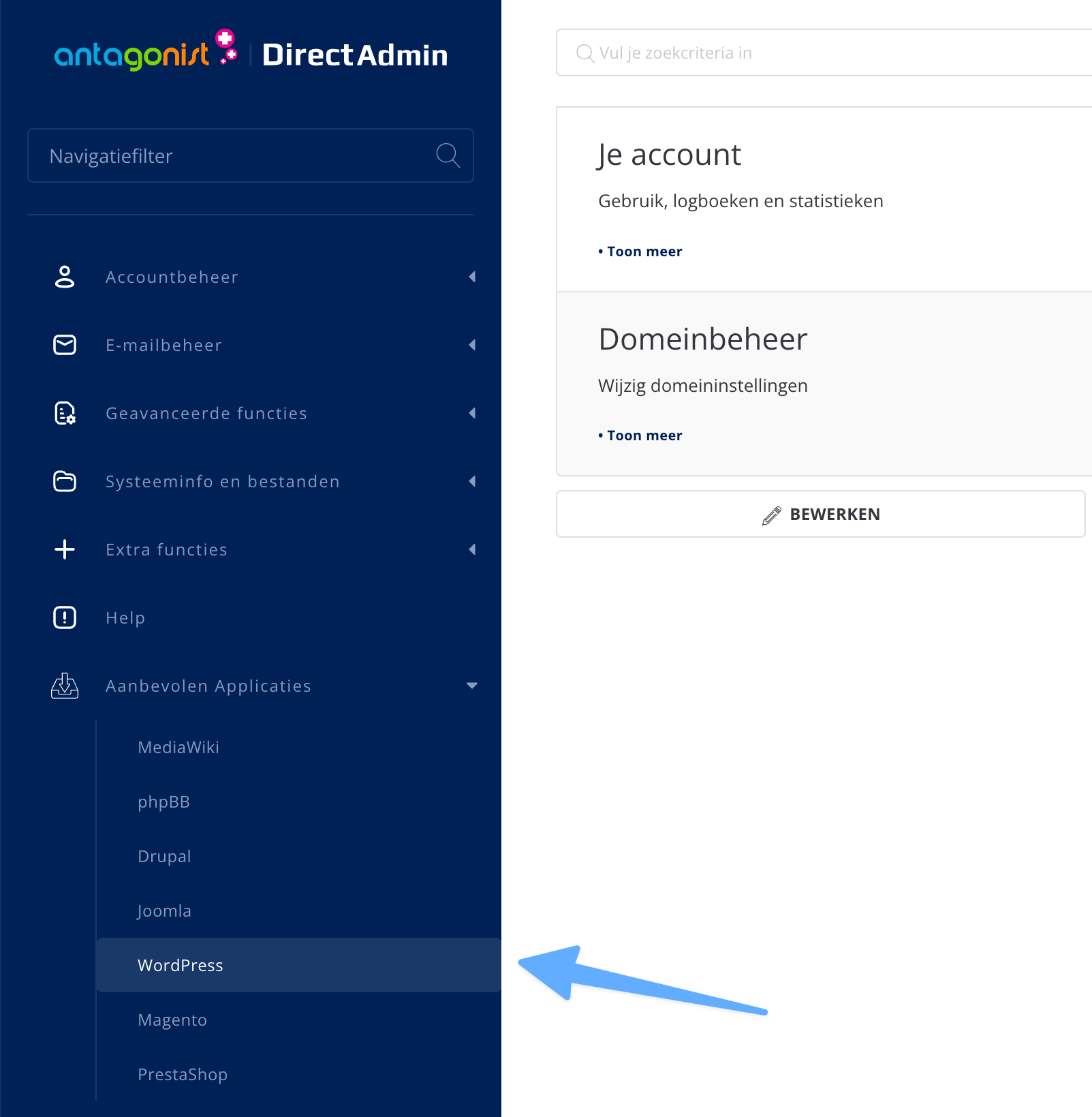 Het menu van DirectAdmin