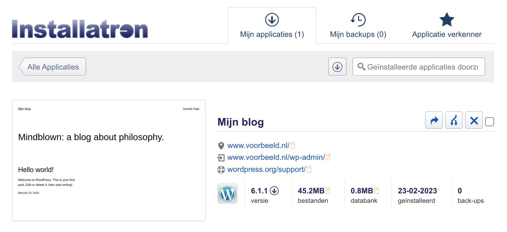 Venster met daarop je geïnstalleerde WordPress-applicatie