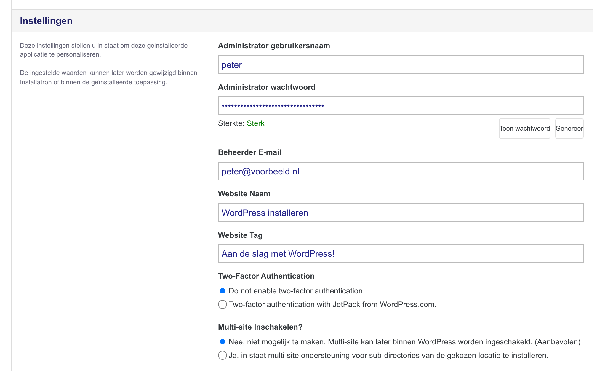 Venster met instellingen voor je WordPress-installatie